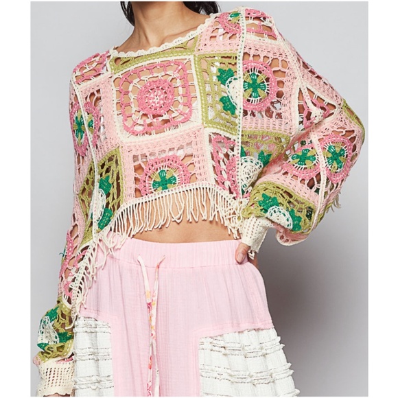 POL Tops - POL Multicolor Granny Square Fringe Hem Open Bottom Sweater Top